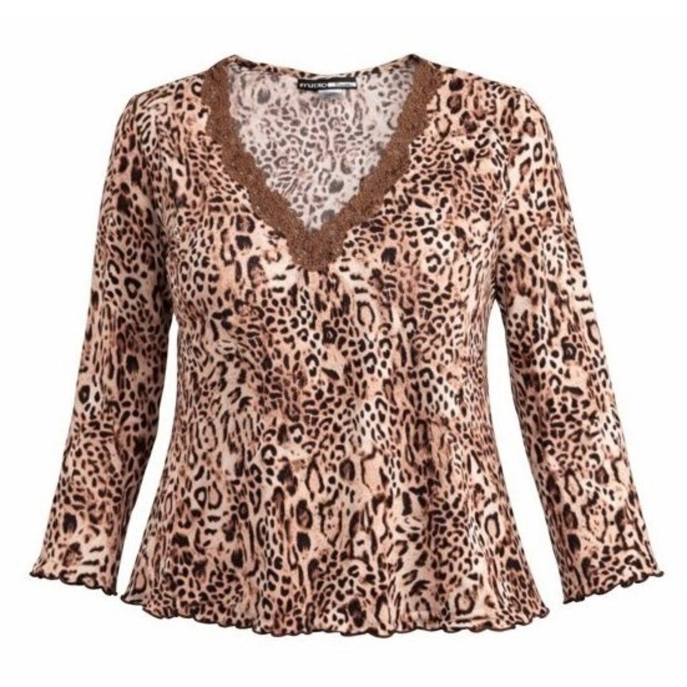 Studio Donatella Leopard Print V Neck Lace‎ Trim Long Sleeve Top Size L